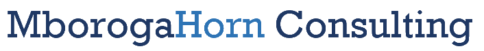 MborogaHorn Consulting logo. Navy blue letters with Horn highlighted in light blue.
